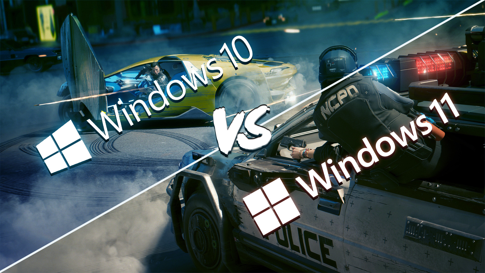 Windows 10 and Windows 11 logos imposed as a &#039;versus&#039; screen on a Cyberpunk 2077 screenshot