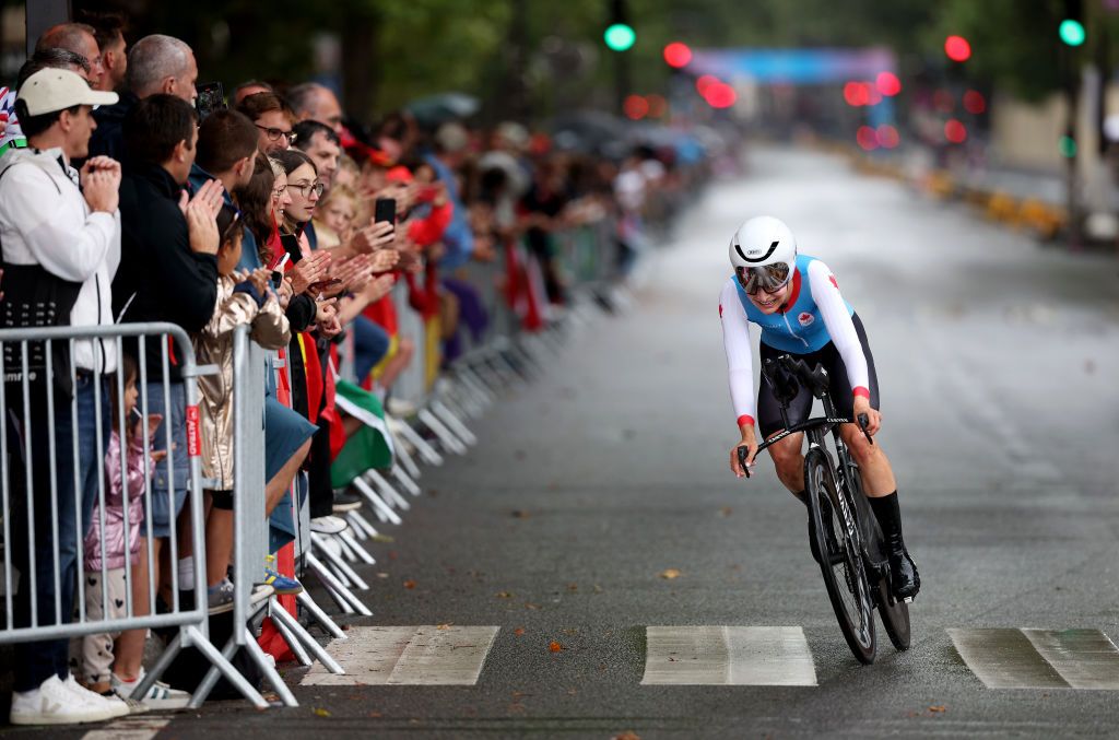 PARIS FRANCE JULY 27 Olivia Baril of Team Canada competes near to the Assemblee Nationale during the Womens Individual Time Trial on day one of the Olympic Games Paris 2024 at Pont Alexandre III on July 27 2024 in Paris France Photo by Jared C TiltonGetty Images