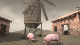 Two pigs stand in a farmyard in Straftat. Behind them is a well, and behind the well, a windmill. Brick farm structures flank the edges of the image.