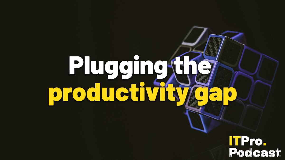 The words ‘Plugging the productivity gap’ with the words ‘productivity gap’ in yellow and the rest in white. They are set against an image of a blue, purple, and white Rubix cube floating in a void. The mid-section of the Rubix cube is mid-swivel. The ITPro podcast logo is in the bottom right corner.