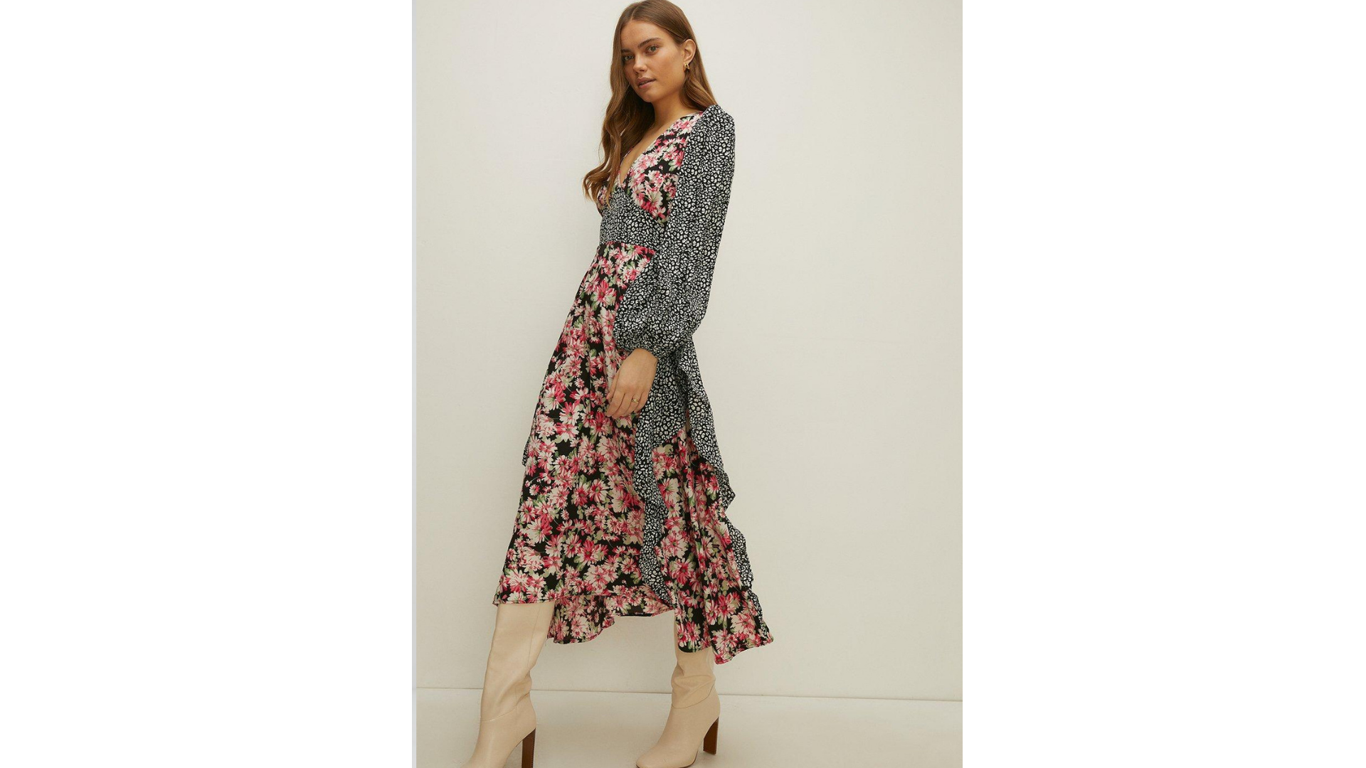 Oasis Mixed Floral Animal Ruffle V Neck Midi Dress