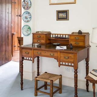 home office with wooden desk