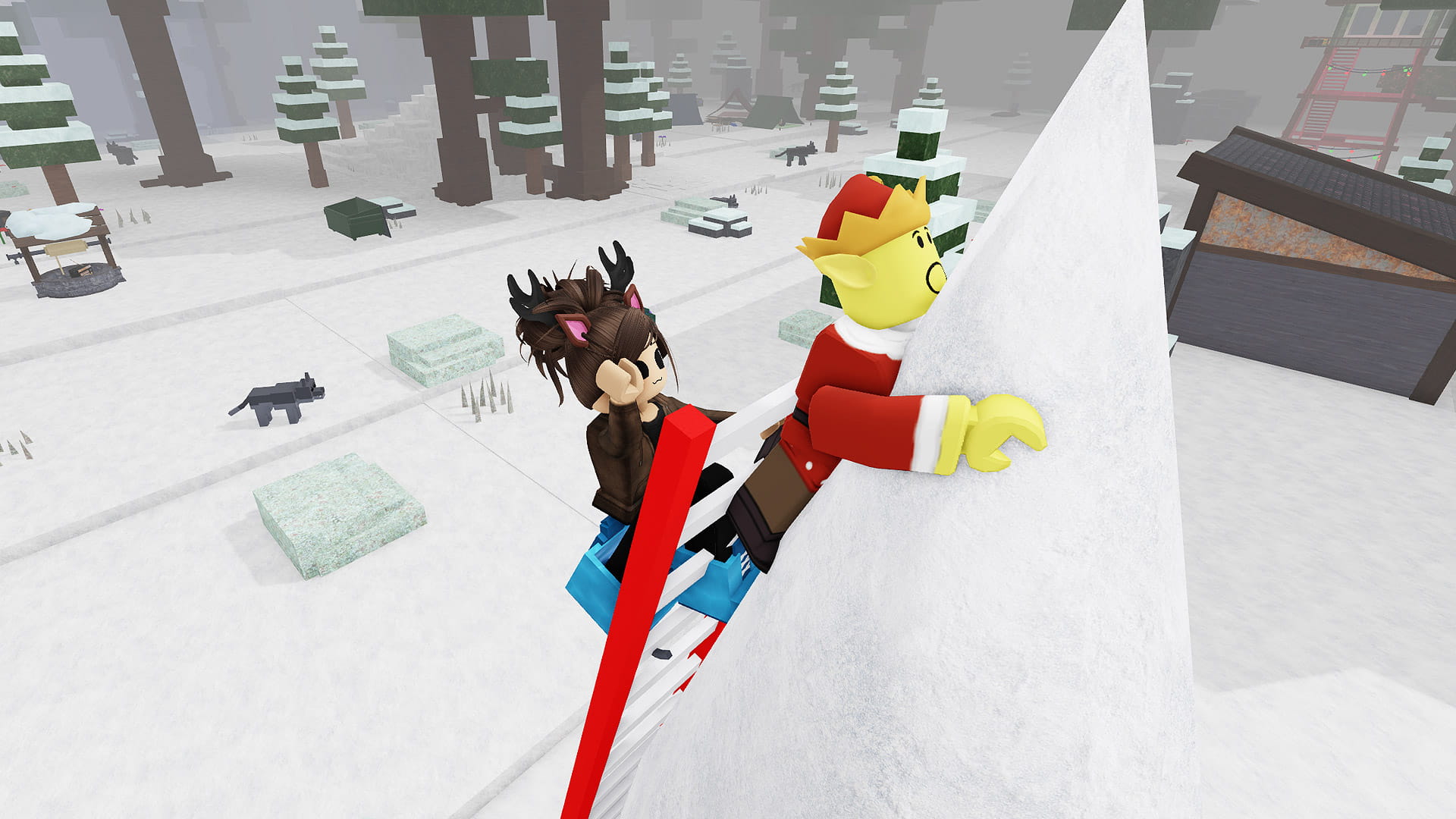 A Roblox player climbing a ladder to save an elf in the 99 Nights in the Forest Christmas update. 