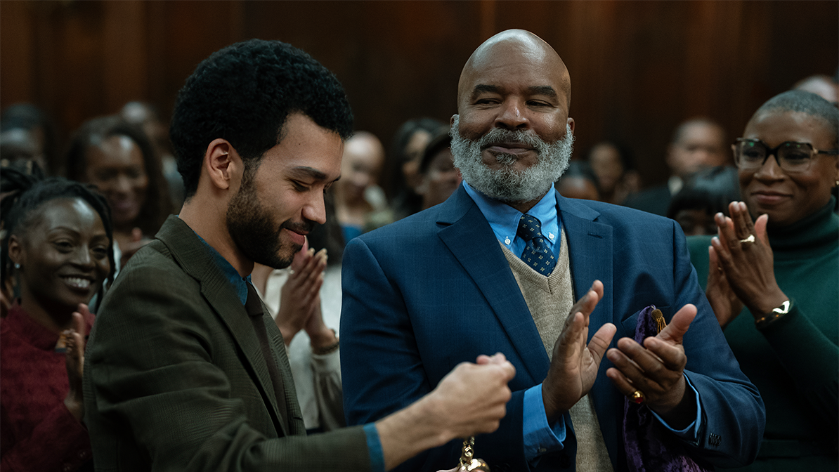 Justice Smith as Aren, David Alan Grier as Roger and Aisha Hinds as Gabbard in The American Society of Magical Negroes