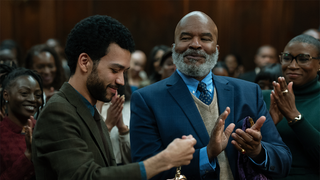 Justice Smith as Aren, David Alan Grier as Roger and Aisha Hinds as Gabbard in The American Society of Magical Negroes