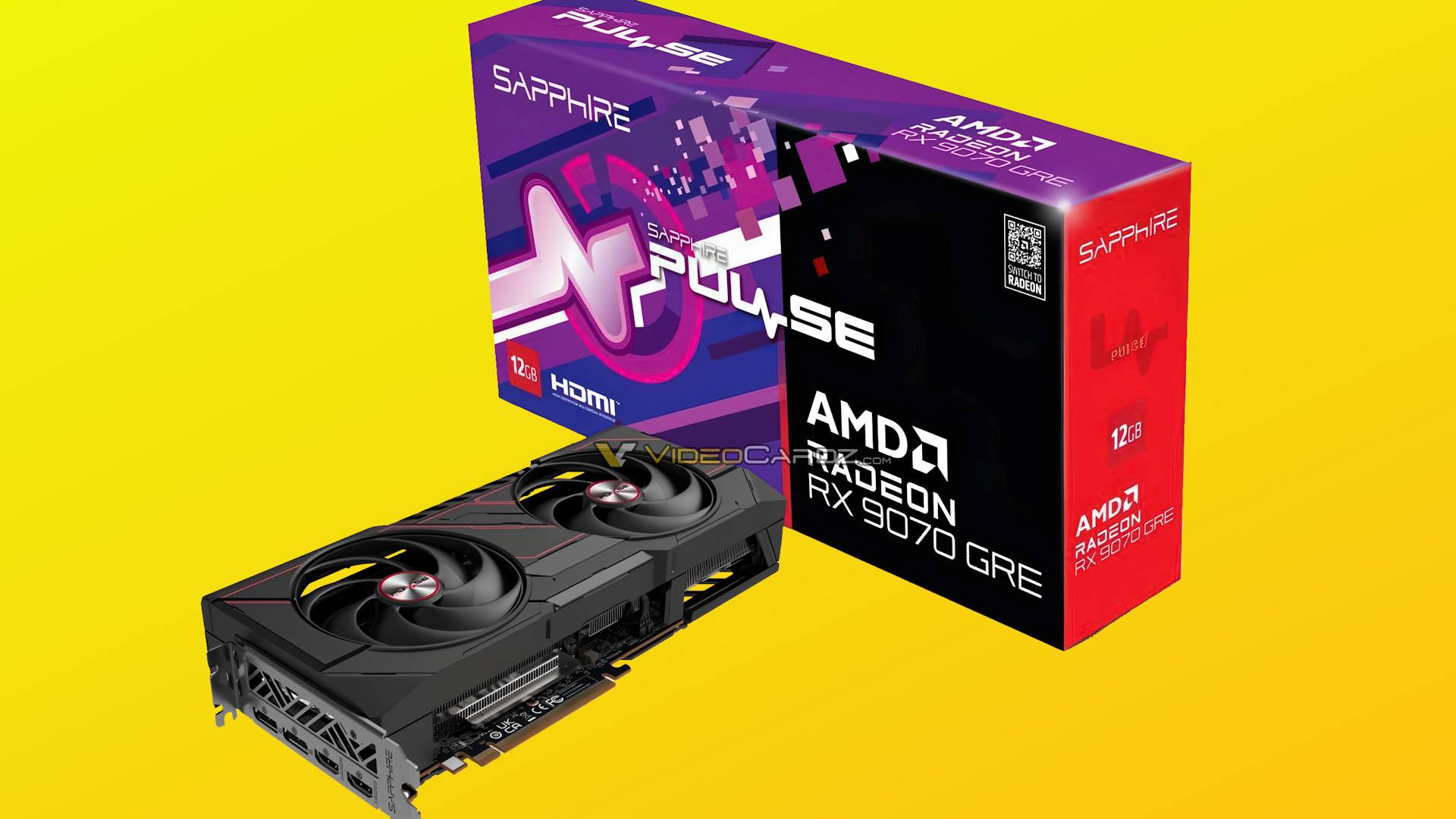 Photo of Sapphire RX 9070 GRE GPU box and card with yellow backdrop.