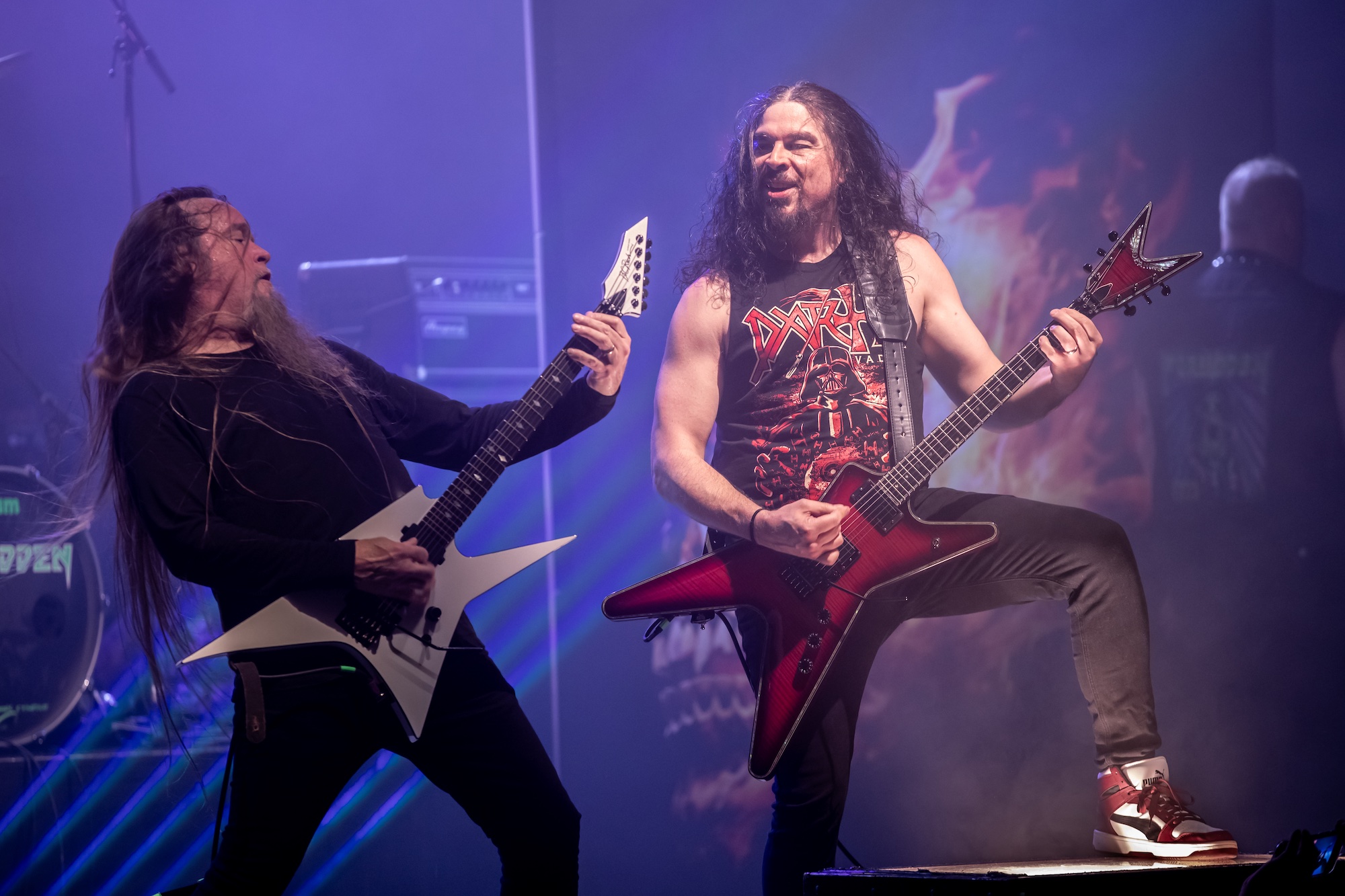 Steve Smyth (left) and Craig Locicero of Forbidden perform at The UC Theatre Taube Family Music Hall in Berkeley, California on May 4, 2024