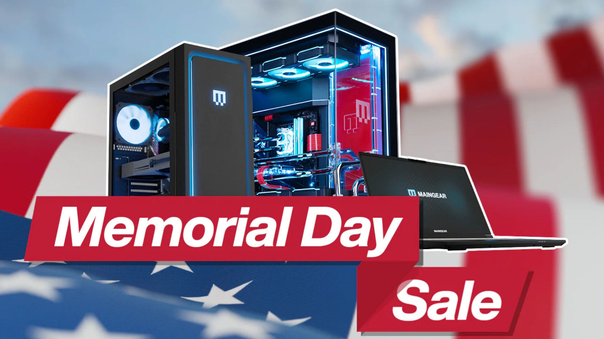 A Maingear Memorial Day sales hero image taken from the brand's website