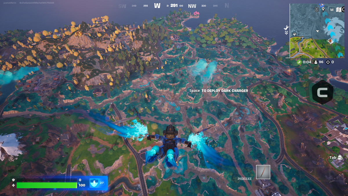 Fortnite Battle Royale gameplay showing a character gliding above the island