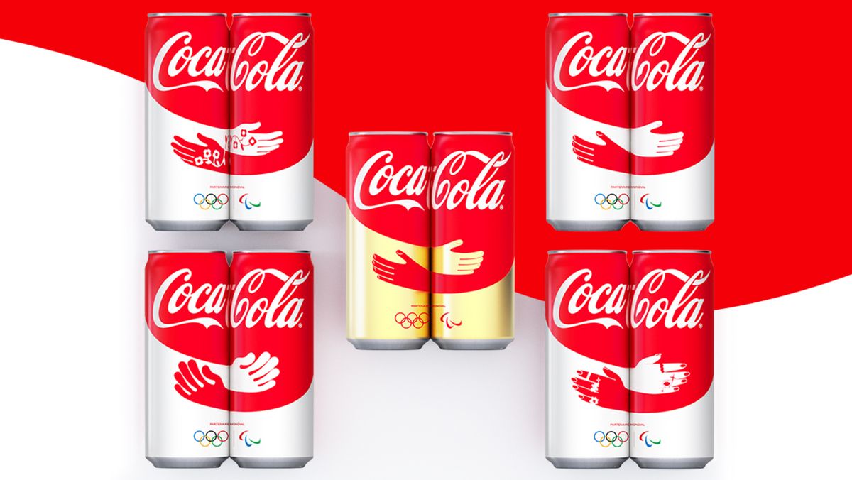 Coca-Cola Olympics cans showing silhouette of a hug