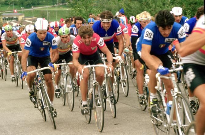 1983 Worlds: Moreno Argentin (Italy), Gilbert Glauss (Switzerland) and Francesco Moser (Italy) roll along in the pro road race in Altenrhein, Switzerland