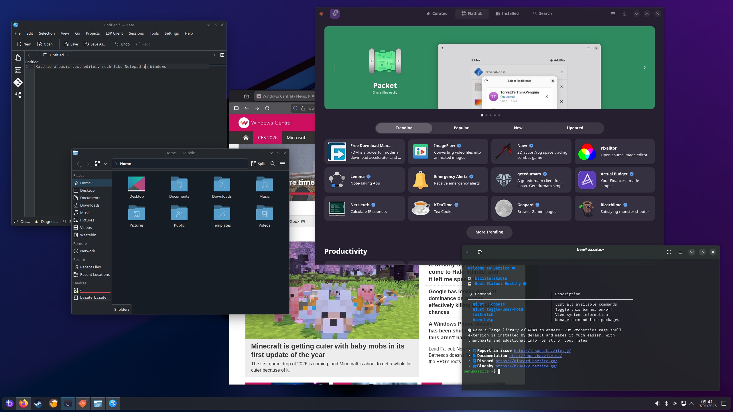 Bazzite desktop screenshot showing desktop UI and app examples