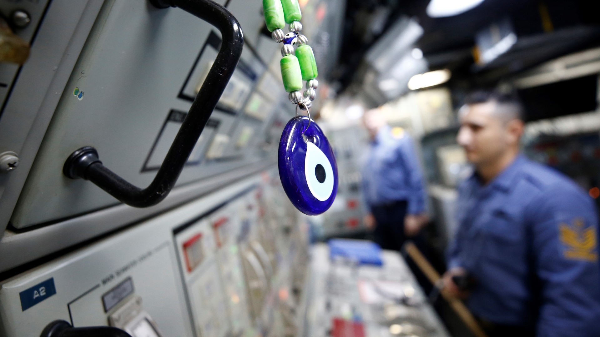 An evil eye amulet hung inside a ship during 2019's Blue Homeland, Turkey's largest naval drill