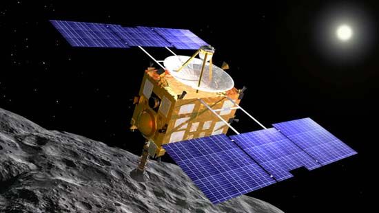 An artist's illustration of the Hayabusa asteroid-sample return spacecraft at the asteroid Itokawa, a mission by the Japan Aerospace Exploration Agency.