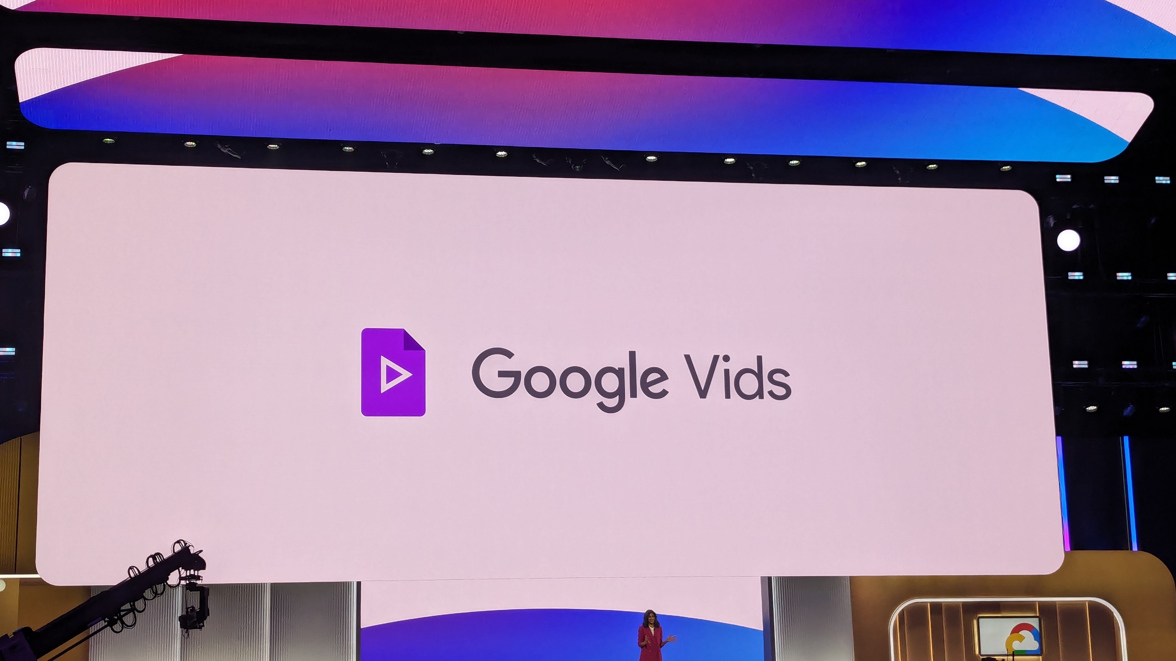 The Google Vids logo onstage at Google Cloud Next 2024.