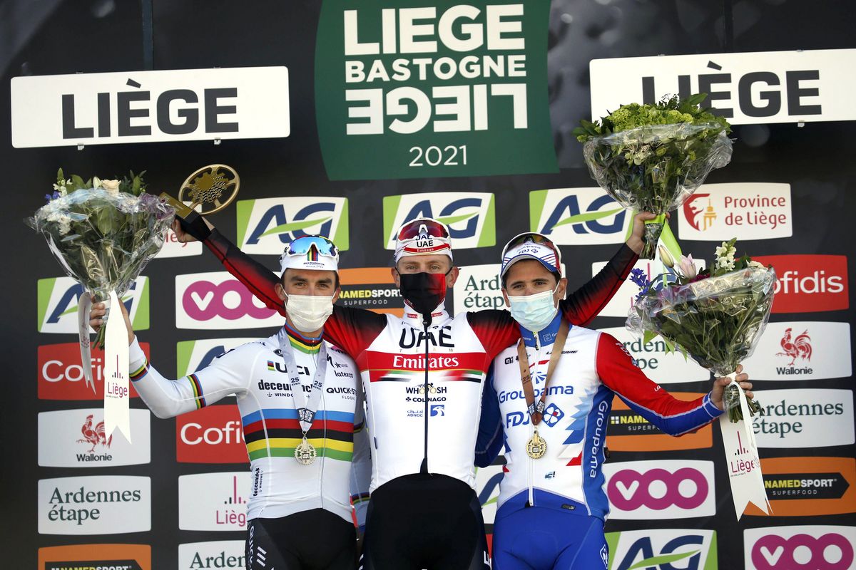 Liege - Bastogne - Liege 2021 - 107th Edition - Liege - Liege 259,1 km - 25/04/2021 - Tadej Pogacar (SLO - UAE Team Emirates) - Julian Alaphilippe (FRA - Deceuninck - Quick-Step) - David Gaudu (FRA - Groupama - FDJ) - photo Dion Kerckhoffs/CV/BettiniPhoto&Acirc;&copy;2021