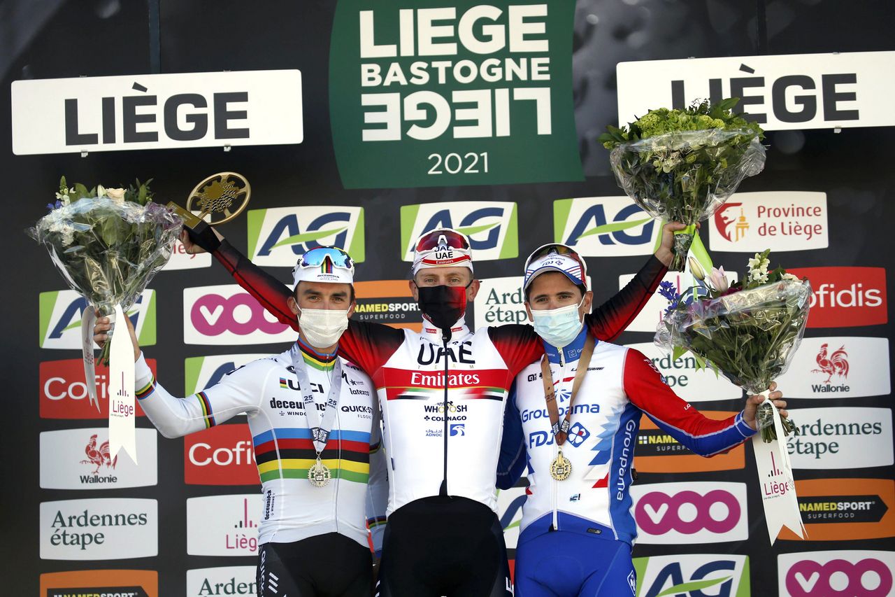 Liege - Bastogne - Liege 2021 - 107th Edition - Liege - Liege 259,1 km - 25/04/2021 - Tadej Pogacar (SLO - UAE Team Emirates) - Julian Alaphilippe (FRA - Deceuninck - Quick-Step) - David Gaudu (FRA - Groupama - FDJ) - photo Dion Kerckhoffs/CV/BettiniPhoto&Acirc;&copy;2021