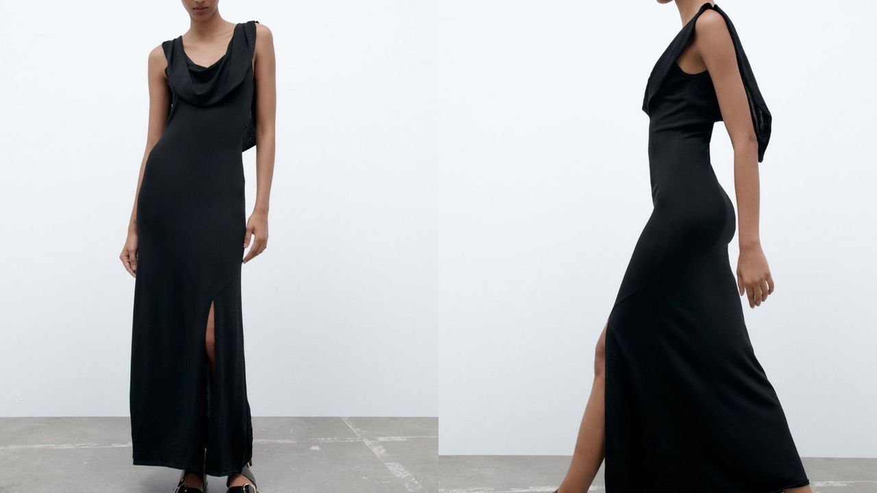 composite of model wearing black cowl neck dress from zara