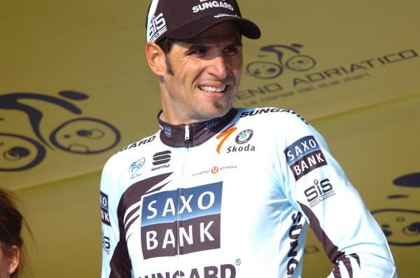 Juan Jose Haedo (Saxo Bank Sungard) on the podium at Tirreno-Adriatico.