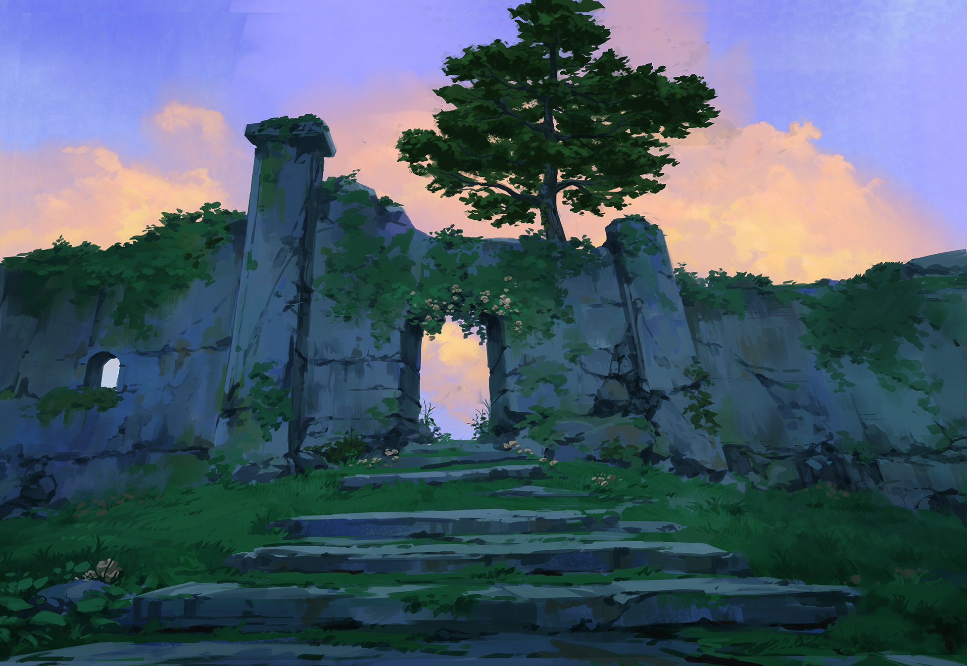 Digital art in progress from a matte painting tutorial