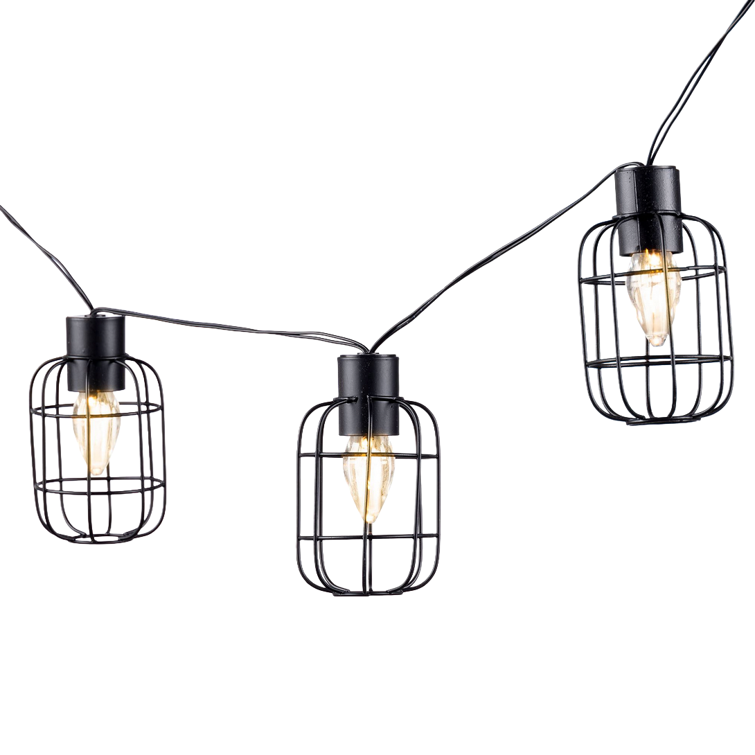 Black rectangular caged string lights