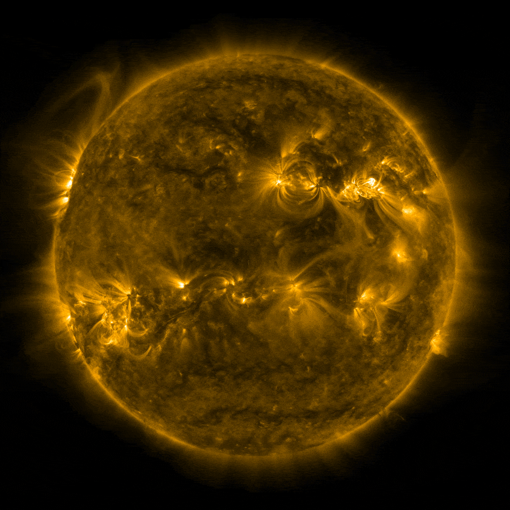 The sun produced an X-class flare on March 20, 2022; this data from NASA's Solar Dynamics Observatory shows the extreme ultraviolet light of the flare in yellow.