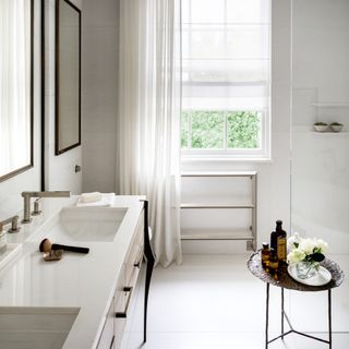 A light bathroom with a large counter, a window and a shower