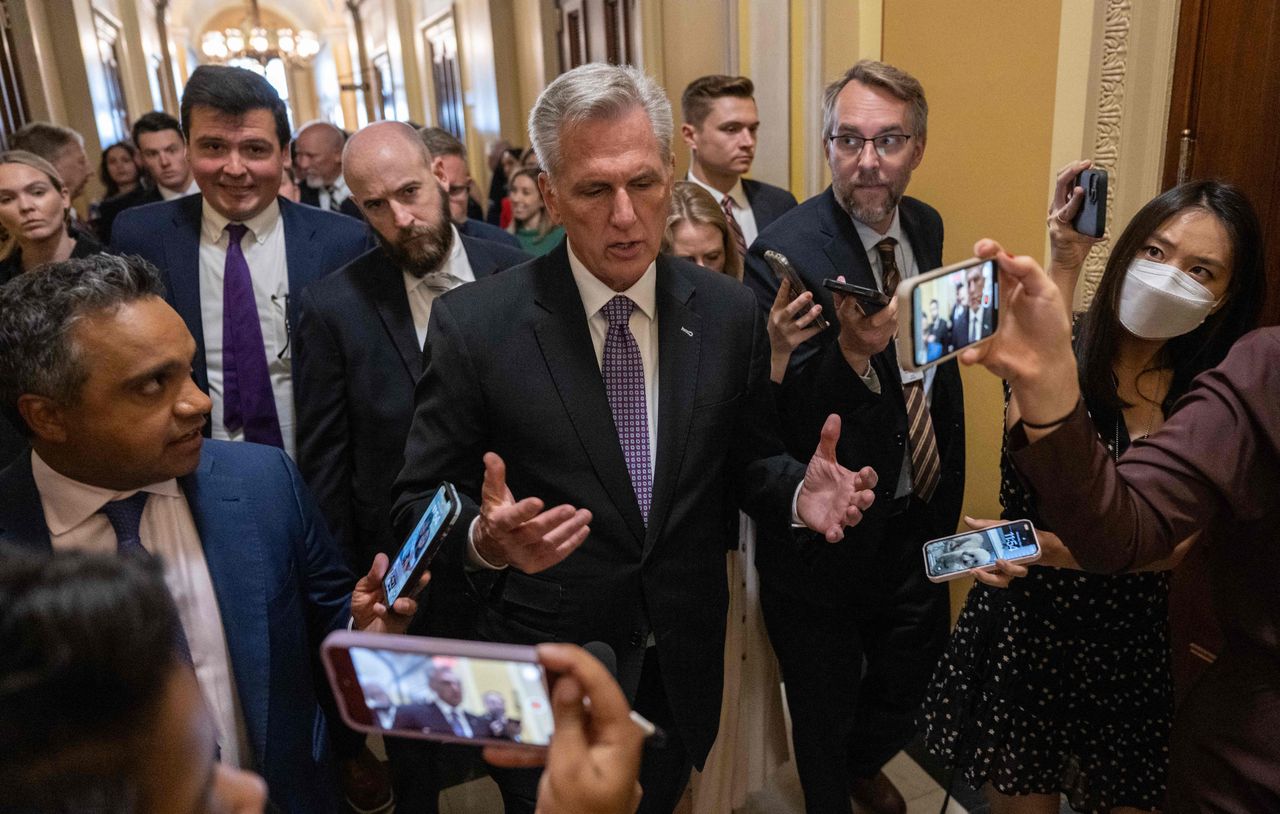 Kevin McCarthy speaks to a gaggle of reporters about his talks with Biden regarding the debt ceiling