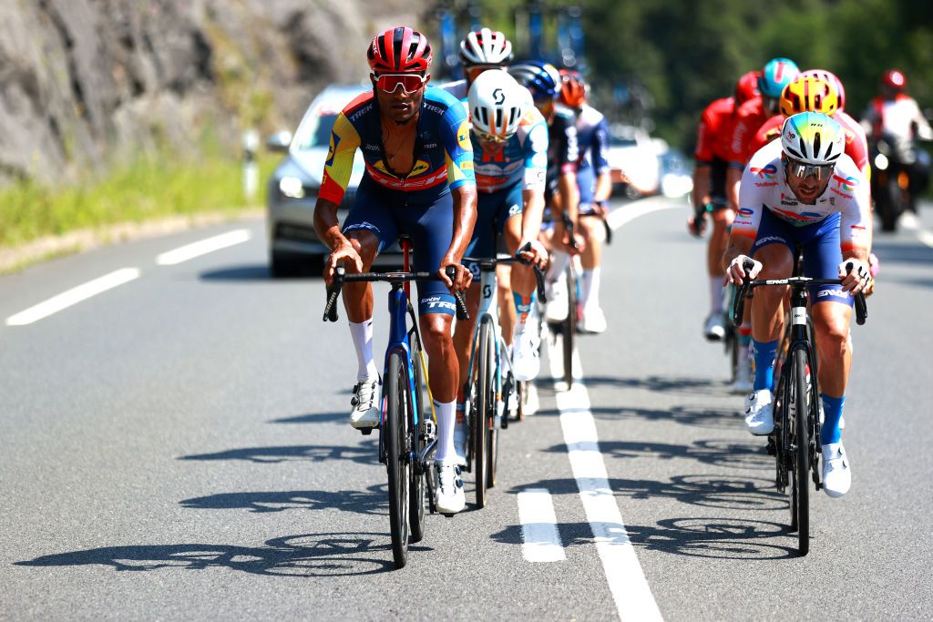 SAN SEBASTIAN SPAIN AUGUST 10 LR Amanuel Ghebreigzabhier of Eritrea and Team Lidl Trek and Pierre Latour of France and Team TotalEnergies compete in the breakaway during the 44th Donostia San Sebastian Klasikoa 2024 a 236km one day race from San Sebastian to San Sebastian UCIWT on August 10 2024 in San Sebastian Spain Photo by Gonzalo Arroyo MorenoGetty Images