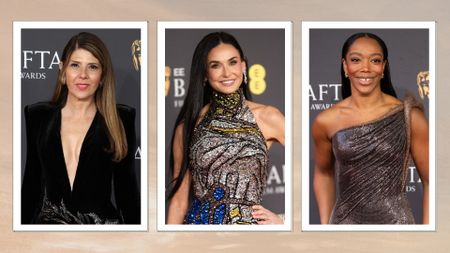 Collage of images of Marisa Tomei, Demi Moore and Naomi Ackie at the 2025 BAFTAs on a neutral gradient background