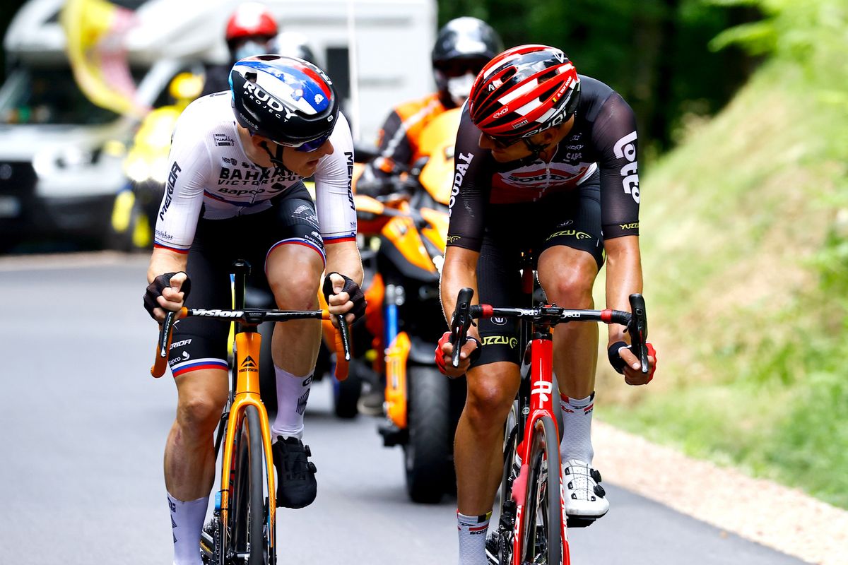 Tour de France 2021 108th Edition 7th stage Vierzon Le Creusot 2491 km 02072021 Matej Mohoric SLO Bahrain Victorious Brent Van Moer BEL Lotto Soudal photo Luca BettiniBettiniPhoto2021