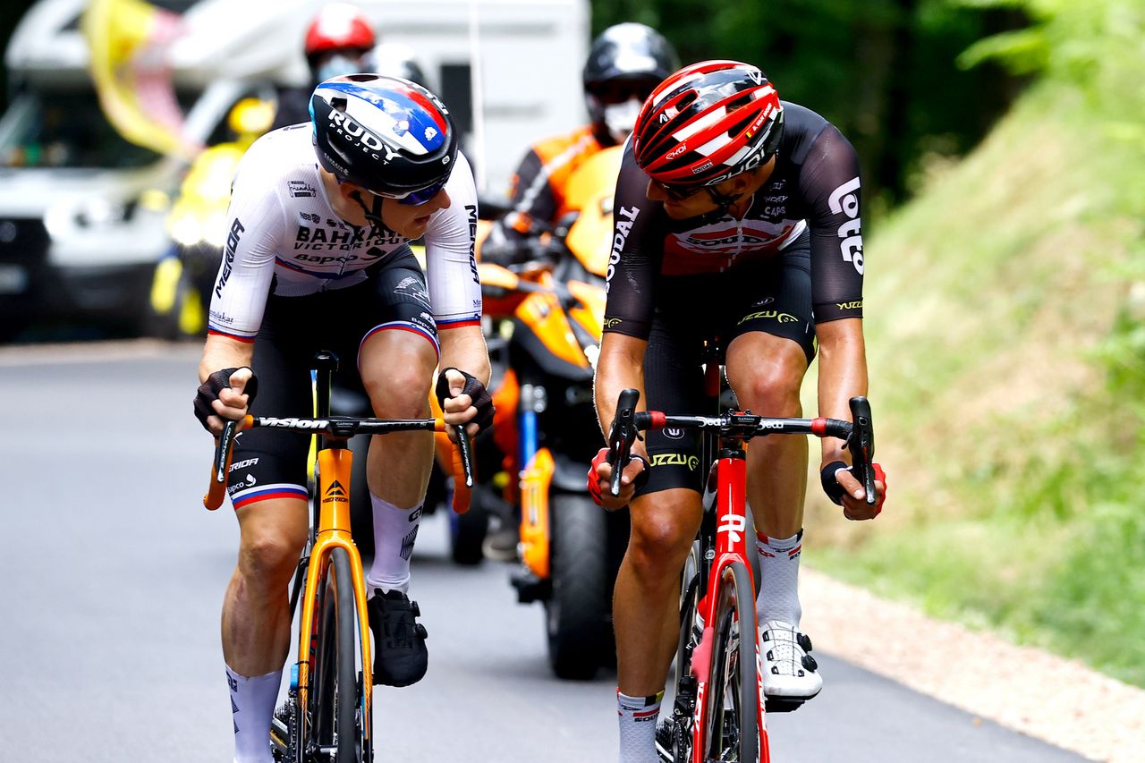Tour de France 2021 108th Edition 7th stage Vierzon Le Creusot 2491 km 02072021 Matej Mohoric SLO Bahrain Victorious Brent Van Moer BEL Lotto Soudal photo Luca BettiniBettiniPhoto2021