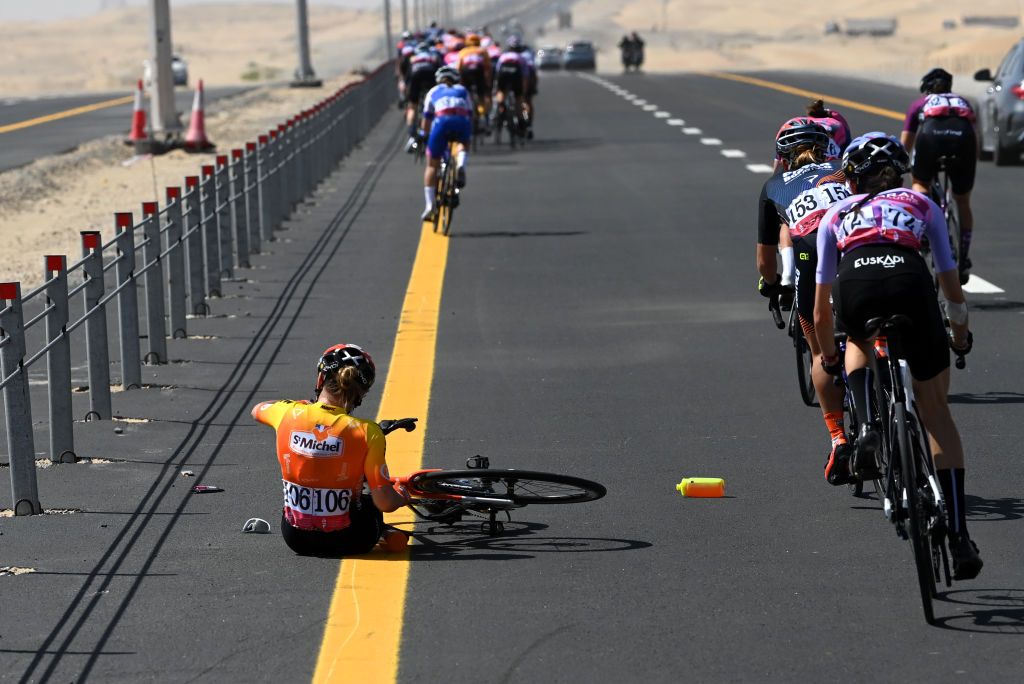 AL DHAFRA CASTLE ABU DHABI UNITED ARAB EMIRATES FEBRUARY 10 Margot Pompanon of France and Team St Michel Mavic Auber93 involved in a crash during the 1st UAE Tour Women 2023 Stage 2 a 133km stage from Al Dhafra Castle to Al Mirfa UAETourWomen UCIWWT on February 10 2023 in Al Dhafra Castle United Arab Emirates Photo by Tim de WaeleGetty Images