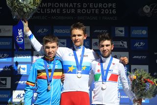 The European championships U23 podium: Bjorg Lambrecht (Belgium), Aliaksandr Riabushenko (Belarus) and Andrea Vendrame (Italy).