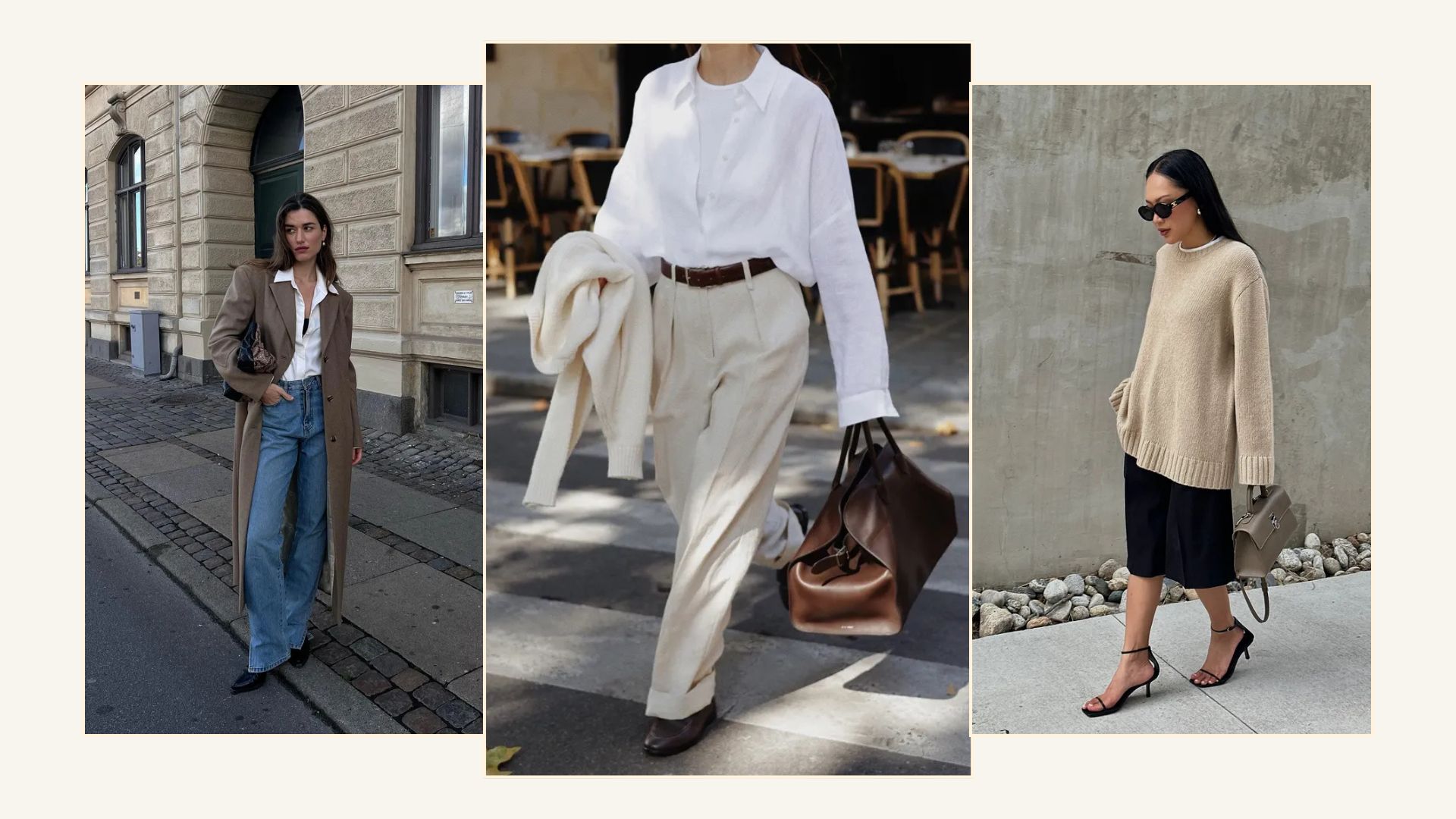 Woman wears mole coat, white shirt and blue jeans; woman wears white shirt, cream trousers and brown bag; woman wears beige jumper, black skirt and black heels