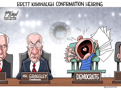 Political cartoon U.S. Brett Kavanaugh hearing Chuck Grassley democrats protest