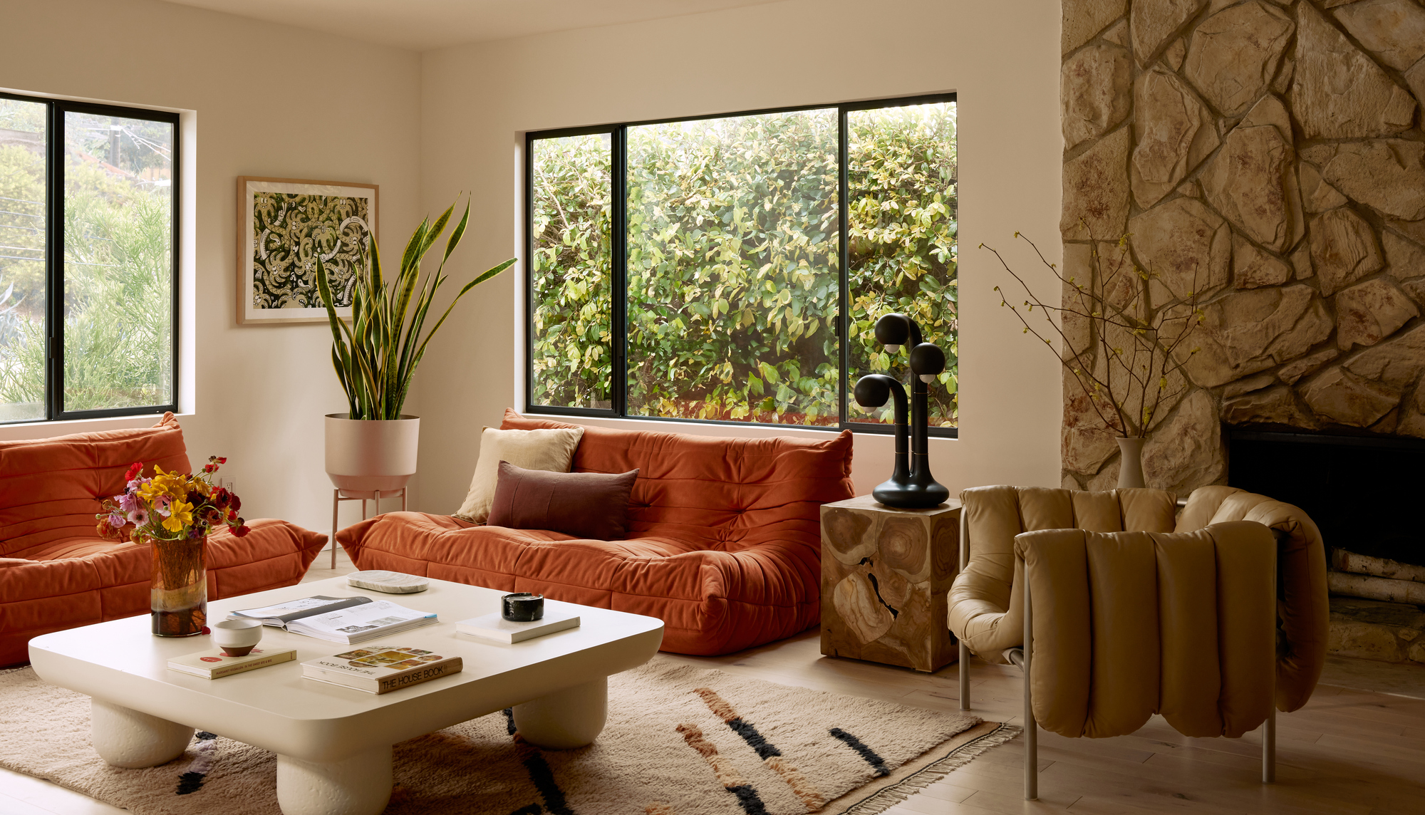 A living room with mid-century color palette