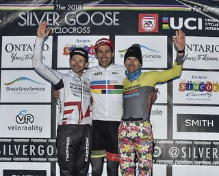 Elite men's podium at the 2018 Pan-American Cyclo-Cross Championships: Michael van den Ham, winner Curtis White, Kerry Werner