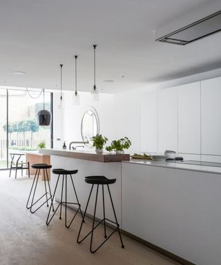 Minimalist kitchen ideas with white cabinetry and wood floor