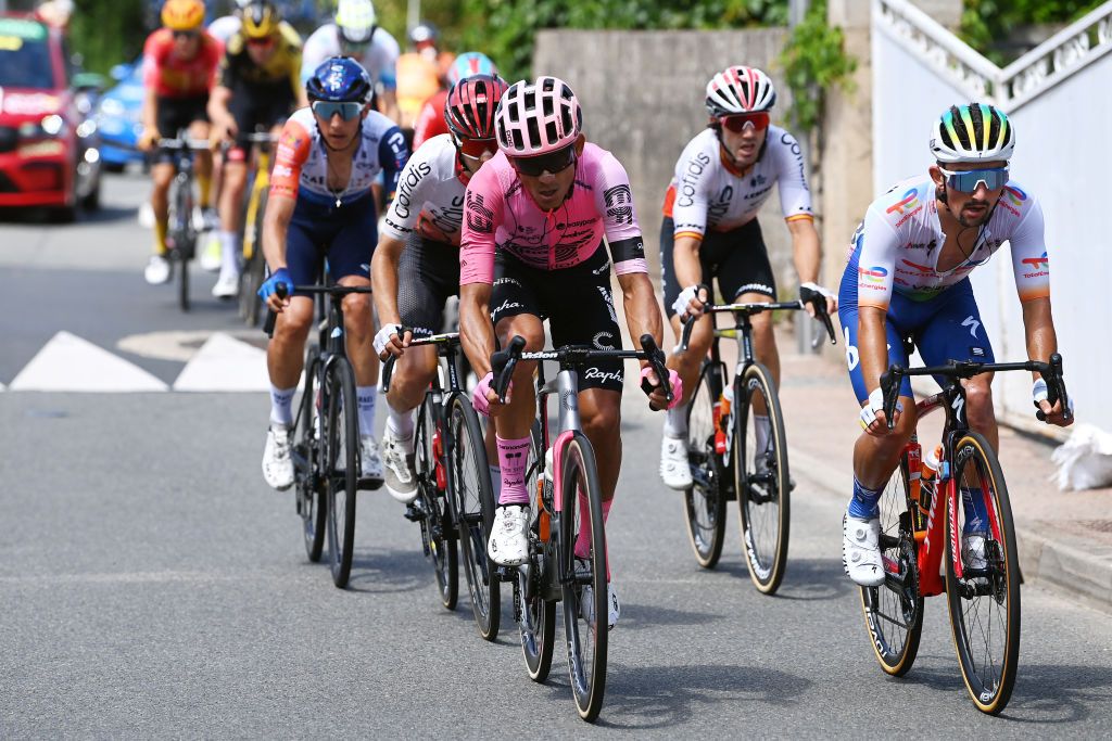 BELLEVILLEENBEAUJOLAIS FRANCE JULY 13 LR Guillaume Martin of France and Team Cofidis Andrey Amador of Costa Rica and Team EF EducationEasyPost Ion Izagirre of Spain and Team Cofidis and Mathieu Burgaudeau of France and Team TotalEnergies compete in the breakaway during the stage twelve of the 110th Tour de France 2023 a 1688km stage from Roanne to Belleville en Beaujolais UCIWT on July 13 2023 in Belleville en Beaujolais France Photo by Tim de WaeleGetty Images