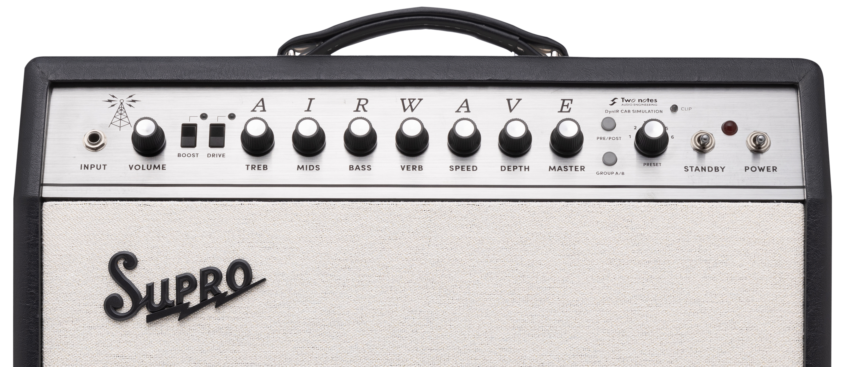 A photo showing a detail of the Supro Airwave 1x12 combo