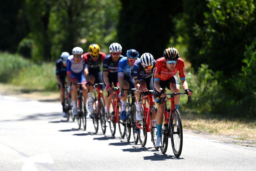 SAINTETIENNE FRANCE JULY 15 Fred Wright of United Kingdom and Team Bahrain Victorious leads the breakaway during the 109th Tour de France 2022 Stage 13 a 1926km stage from Le Bourg dOisans to SaintEtienne 488m TDF2022 WorldTour on July 15 2022 in SaintEtienne France Photo by Alex BroadwayGetty Images