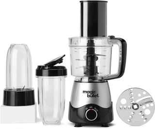 Magic Bullet Kitchen Express with accessories on a white background