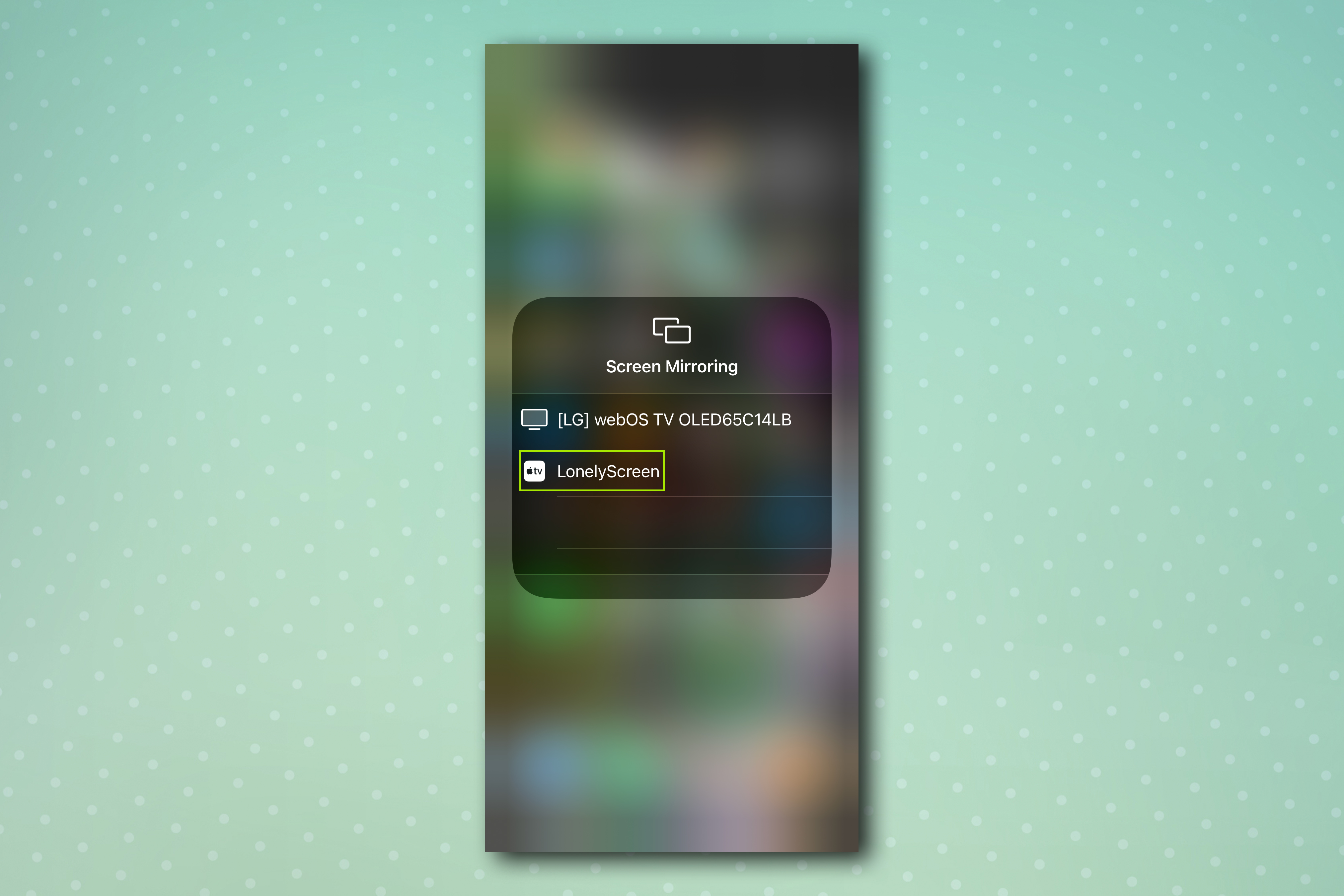 An iPhone AirPlay menu screen, demonstrating how to mirror an iPhone screen to PC