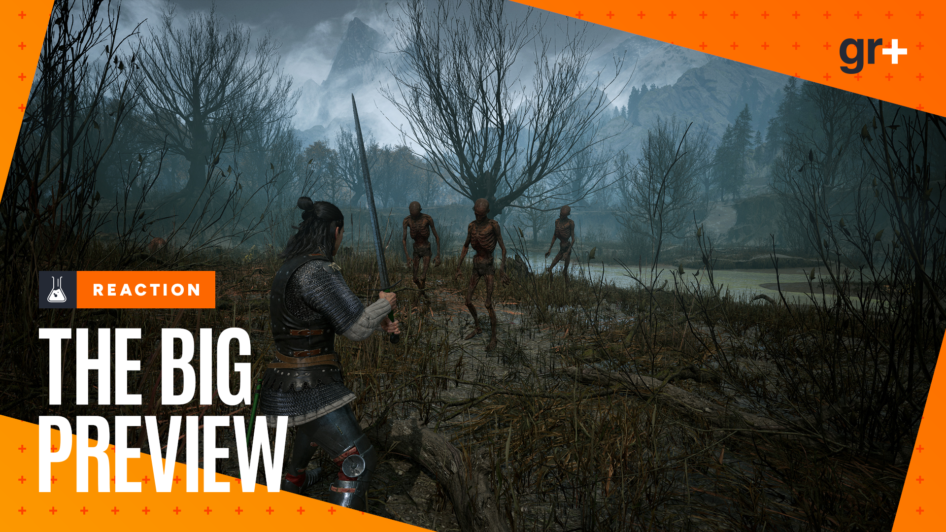 Coen stands with his sword ready in a bleak patch of forest as undead creatures shamble closer in The Blood of Dawnwalker
