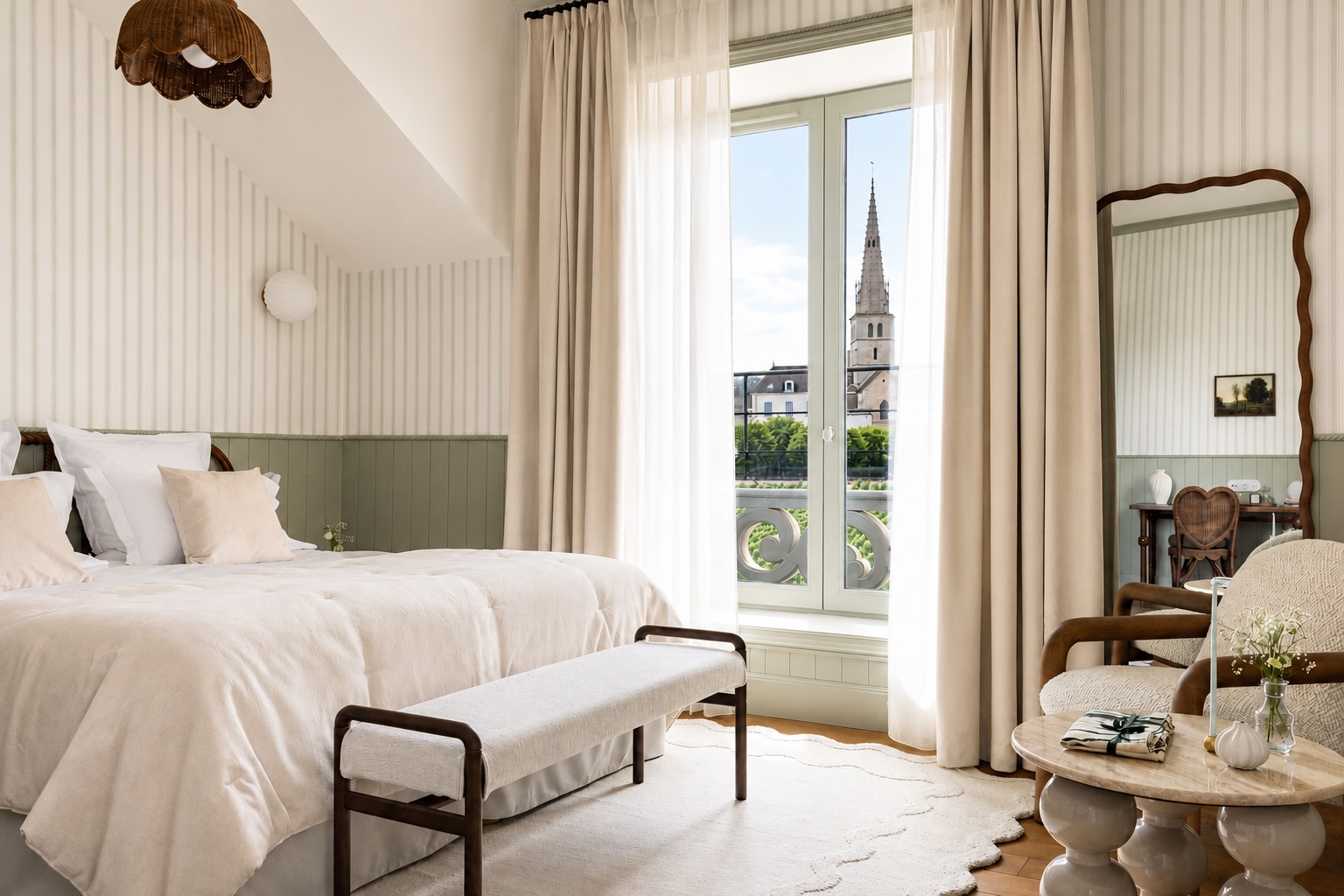 Hotel room with sage green panelling, white and sage green-stripe wallpaper, white bed linen and French doors with a view of a medieval church