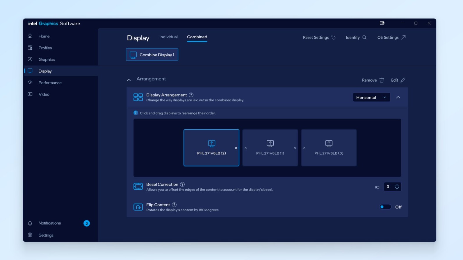 A screenshot showing off how you can combine multiple monitors into one large display using the Intel Graphics Software app