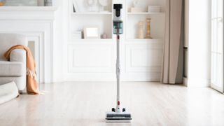 White cordless vacuum cleaner in living room