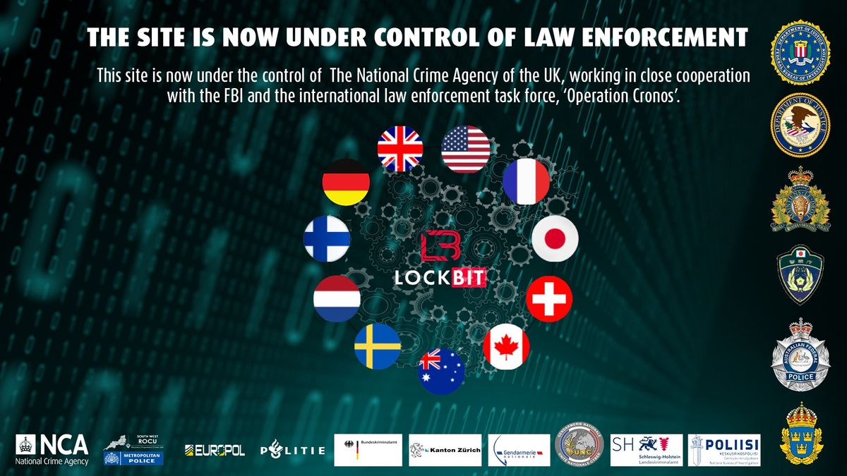 LockBit website interface showing NCA, FBI, and law enforcement agency insignia after a joint police action seized LockBit&#039;s dark web site.