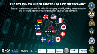 LockBit website interface showing NCA, FBI, and law enforcement agency insignia after a joint police action seized LockBit's dark web site.